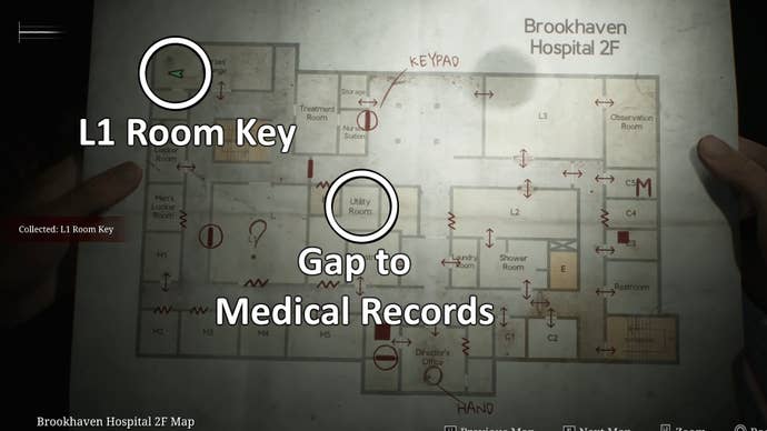 Two white circles showing the map locations of the L1 Room Key and gap to Medical Records in Silent Hill 2.