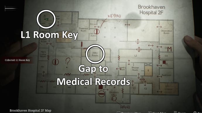 Two white circles showing the map locations of the L1 Room Key and gap to Medical Records in Silent Hill 2.