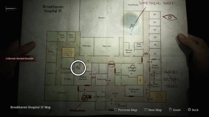 White circle showing the map location of the Marked Bracelet item in Silent Hill 2.