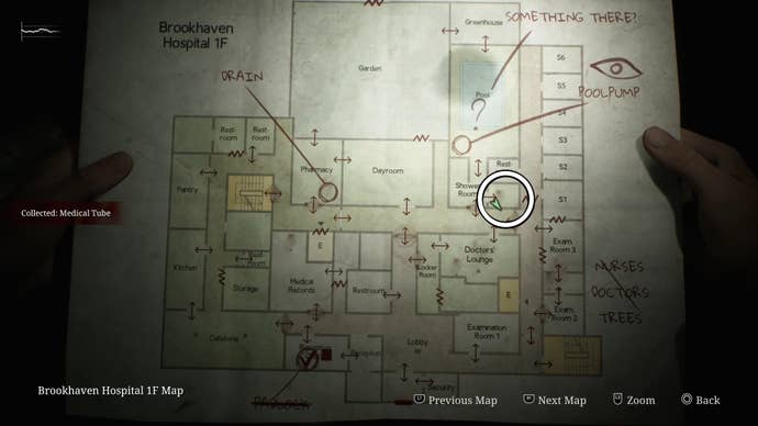 White circle showing the map location of the Medical Tube item in Silent Hill 2.