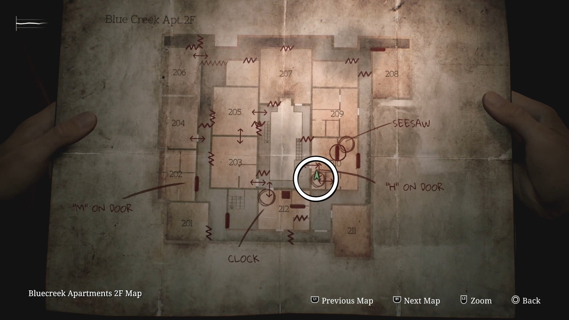 A white circle showing the location of the Minute Hand in Silent Hill 2.