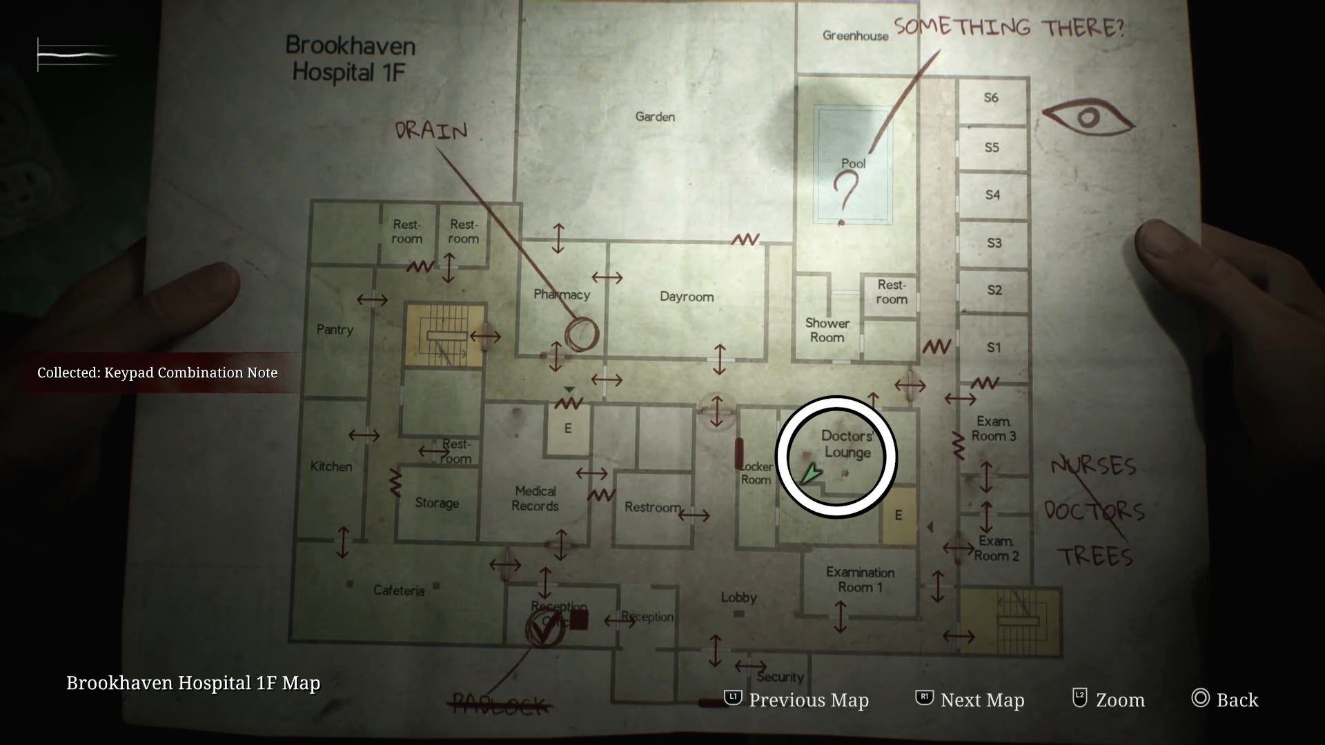 White circle on the Brookhaven Hospital map showing the location of the Keypad Combination Note in Silent Hill 2.