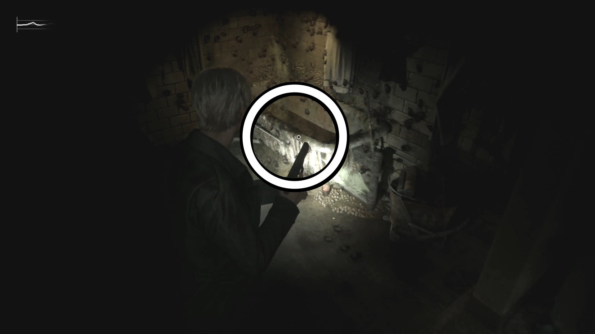 A white arrow showing the location of the Moldy Radiograph, in a gross bathtub in Silent Hill 2.