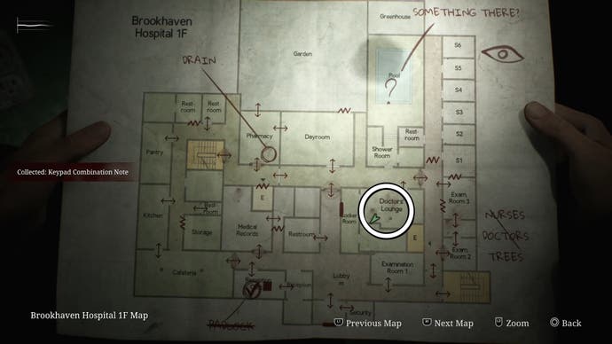 Weißer Kreis auf der Karte des Brookhaven Hospitals, der den Standort des Hinweises für die Schlüsselcode-Kombination in Silent Hill 2 zeigt.