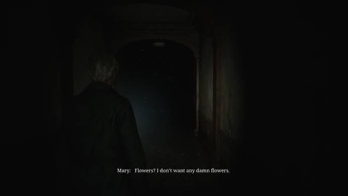 James walks down the long hallway where the sick-bed dialogue occurs in the Silent Hill 2 remake