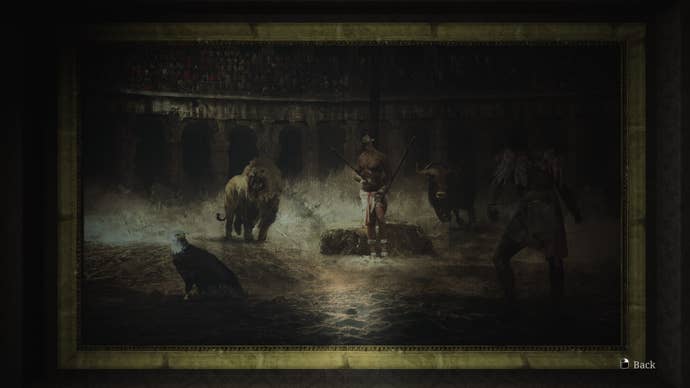 James faces the large, wall to wall painting in the Lake View Hotel’s Reading Room in the Silent Hill 2 remake