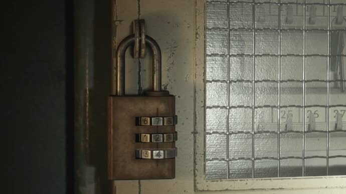Close up of the padlock at the Reception Office of Brookhaven Hospital in Silent Hill 2.