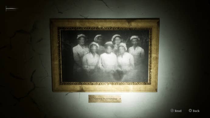 A framed black and white photograph of seven nurses on a wall at Brookhaven Hospital in Silent Hill 2.