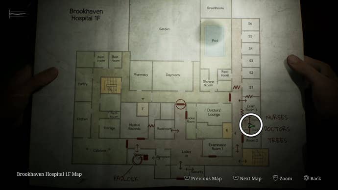 A white circle around the room between Exam Room 2 and 3 on 1F of Brookhaven Hospital in Silent Hill 2.