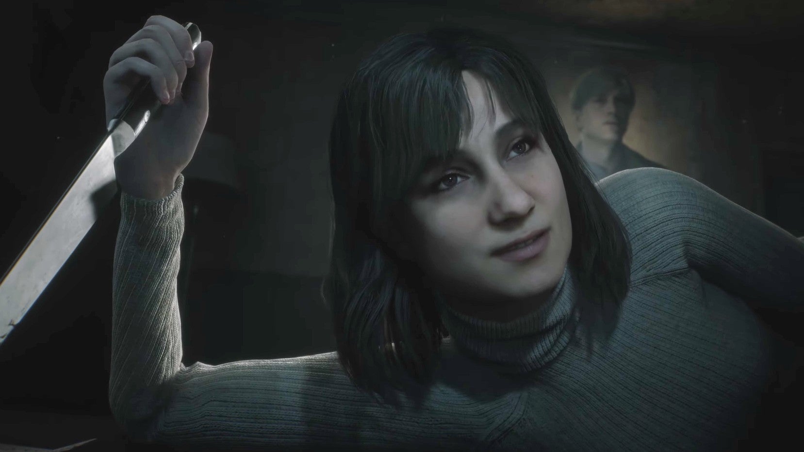 Silent Hill 2 Remake header showing a female character with dark hair lying on her side with a knife in her hand as James stands behind