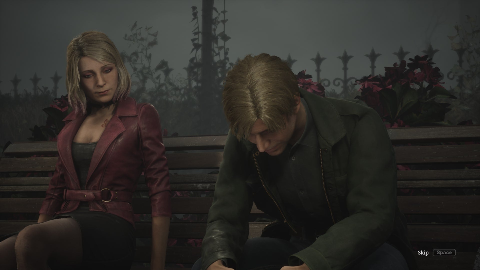 James and Maria sit on a bench with one another in Moonlight Grove in the Silent Hill 2 remake - 1