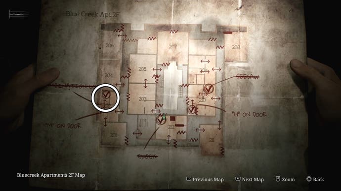 White circle indicating the location of Second Hand at Blue Creek Apartments in Silent Hill 2.