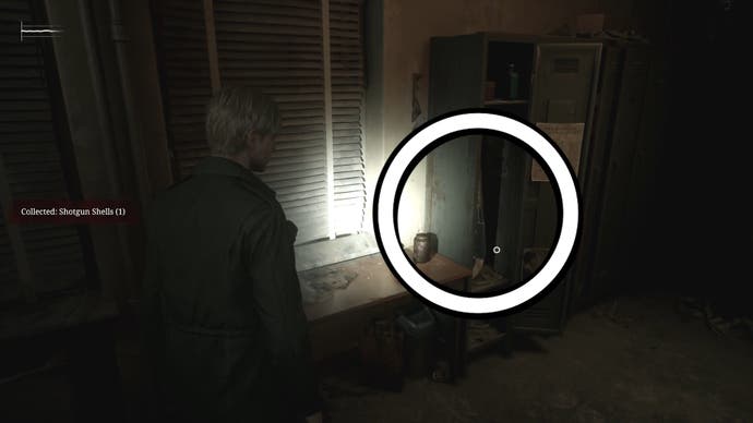 White circle showing the Shotgun in a locker in Silent Hill 2.