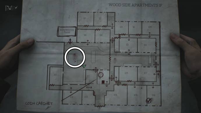 White circle showing the Snake Coin location on the map in Silent Hill 2.