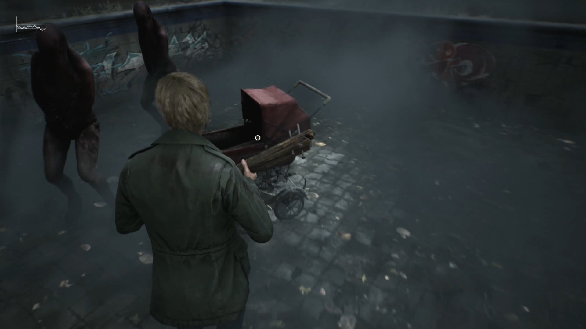 James looking at a red pram inside an empty pool with enemies surrounding him in Silent Hill 2.