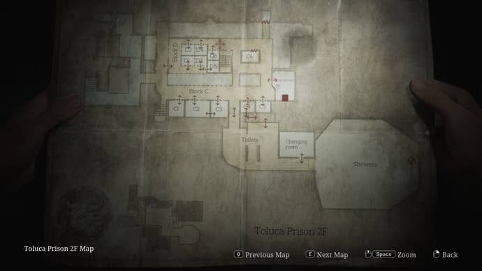 The Toluca Prison 2F map is shown in the Silent Hill 2 remake