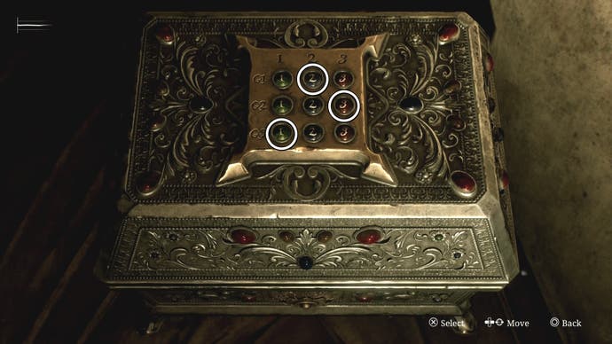 Three white circles indicating the correct numbers for the Trick or Treat Decorative Box puzzle in Silent Hill 2.