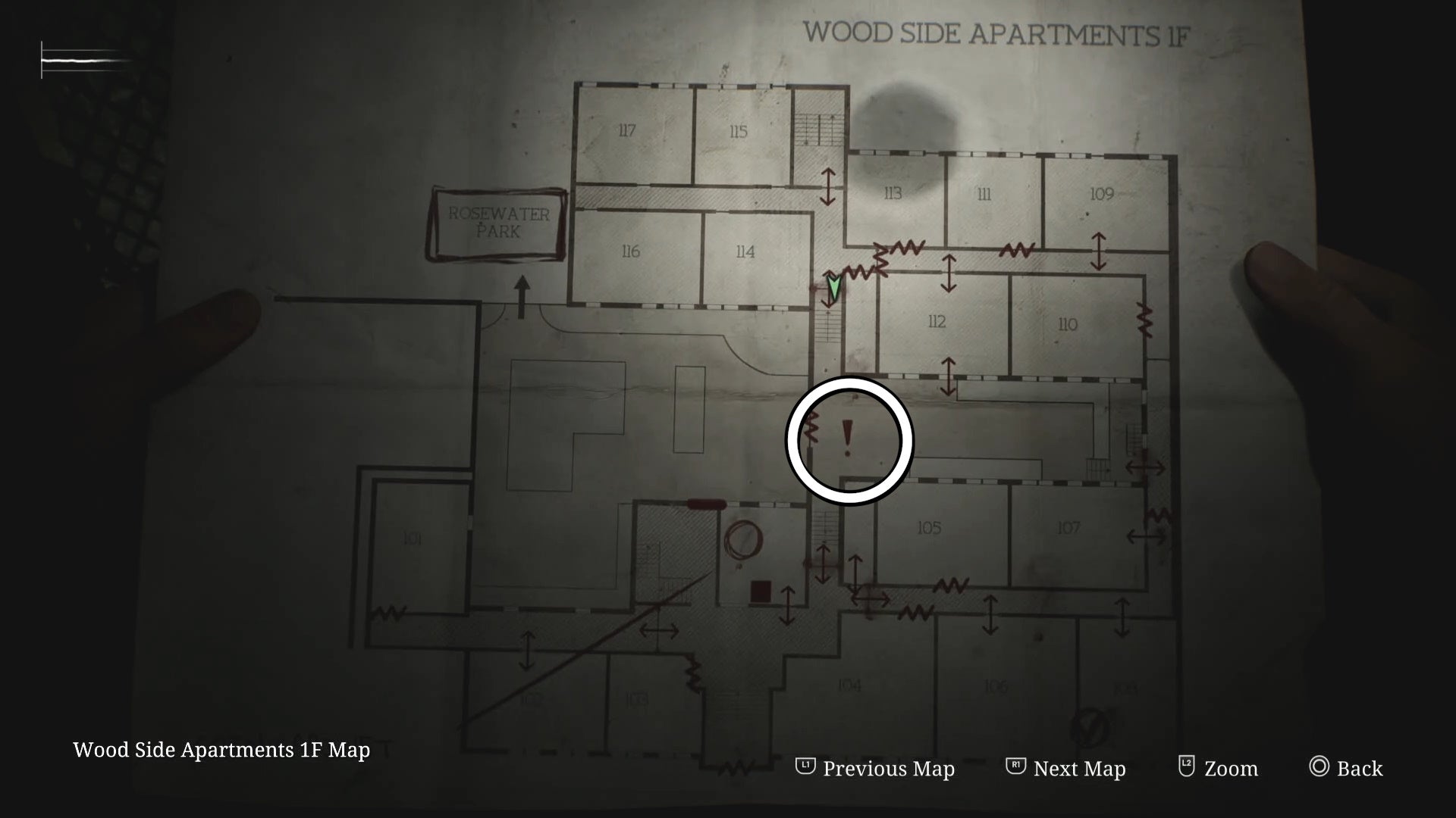 White circle showing the Woman Coin location on the map in Silent Hill 2.