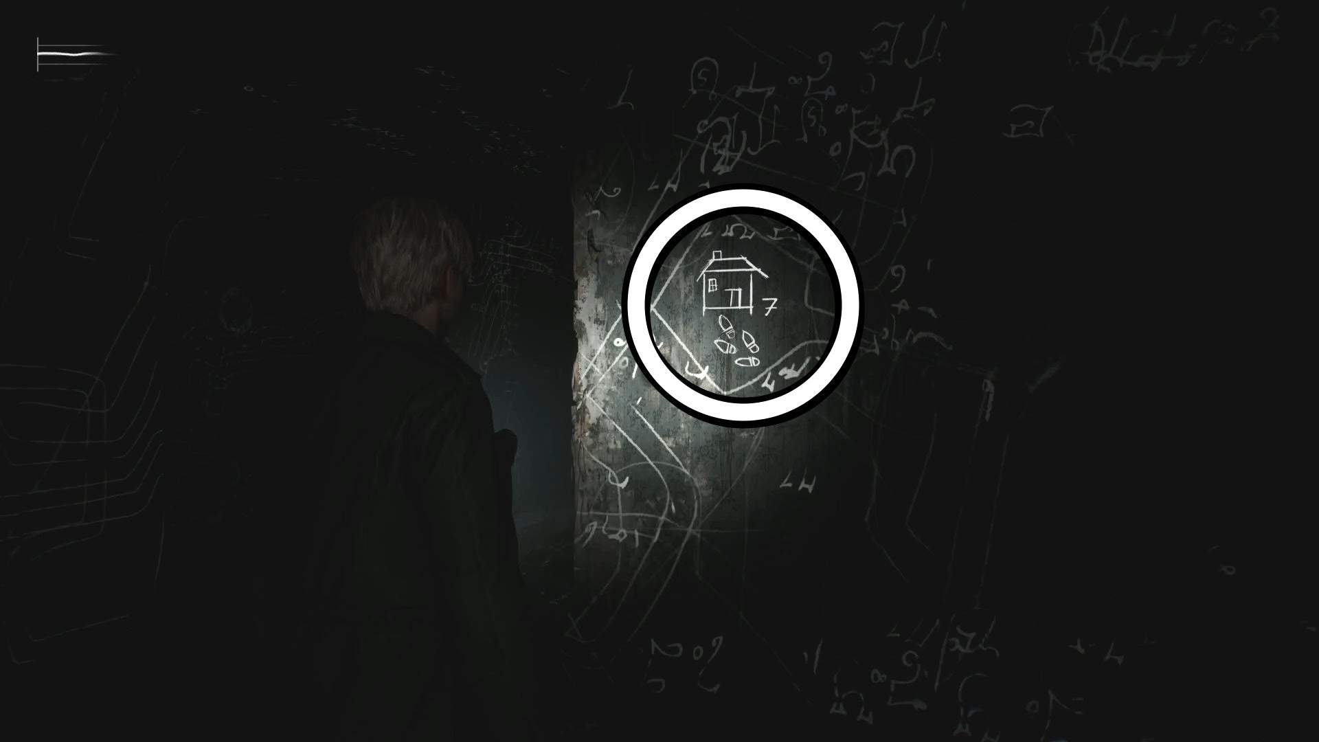 A white circle showing a picture on the wall for the Room 206 safe code puzzle solution in Silent Hill 2.