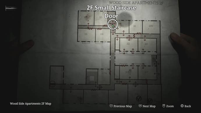 White circle and text showing where the 2F Small Staircase door is in Silent Hill 2.