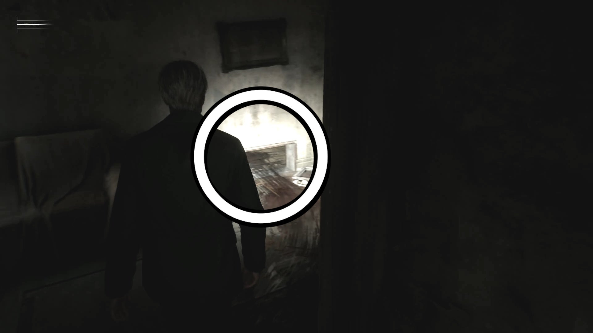 White circle showing the crawl space in Room 312 to the laundry room in Silent Hill 2.