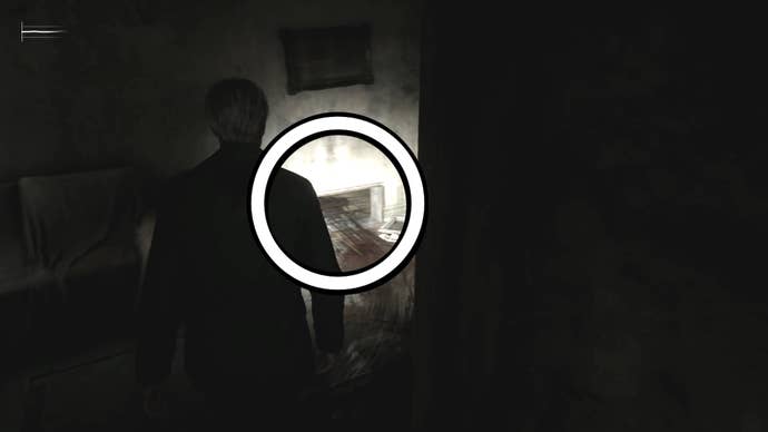 White circle showing the crawl space in Room 312 to the laundry room in Silent Hill 2.