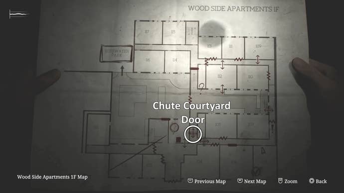 White circle and text showing the location of the Chute Courtyard door in Silent Hill 2.