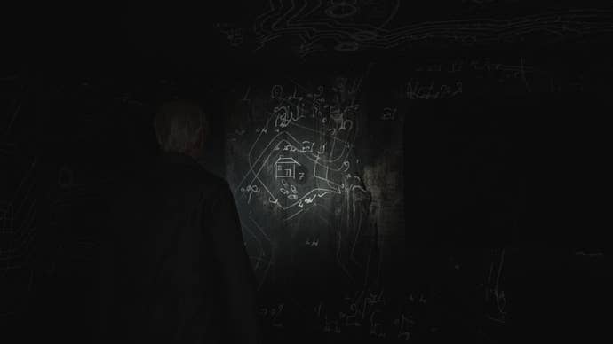 James looks at one of three drawings in Room 206 of Wood Side Apartments in the Silent Hill 2 remake