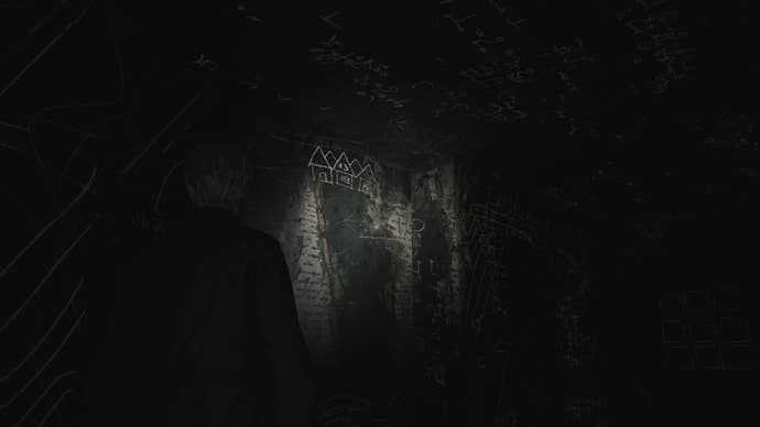 James looks at one of three drawings in Room 206 of Wood Side Apartments in the Silent Hill 2 remake