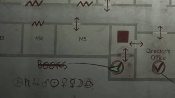 Close up of the Brookhaven Hospital 2F map showing the book symbols written in read under the book puzzle’s location in the Director’s Office in Silent Hill 2.