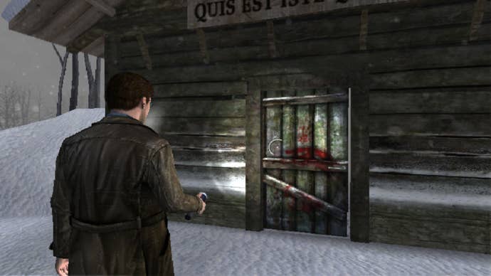 Harry Mason looks at the bloody door of a cabin in Silent Hill Shattered Memories