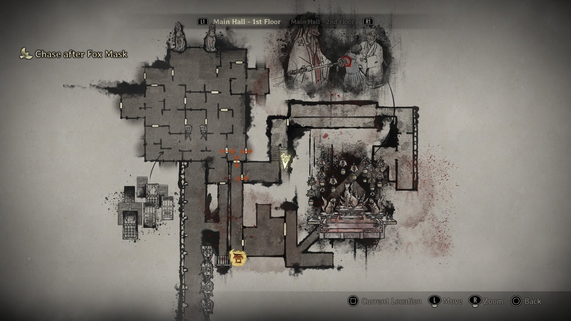 A map of the Main Hall is shown, with Hinako standing on an easy-to-miss staircase in Silent Hill f