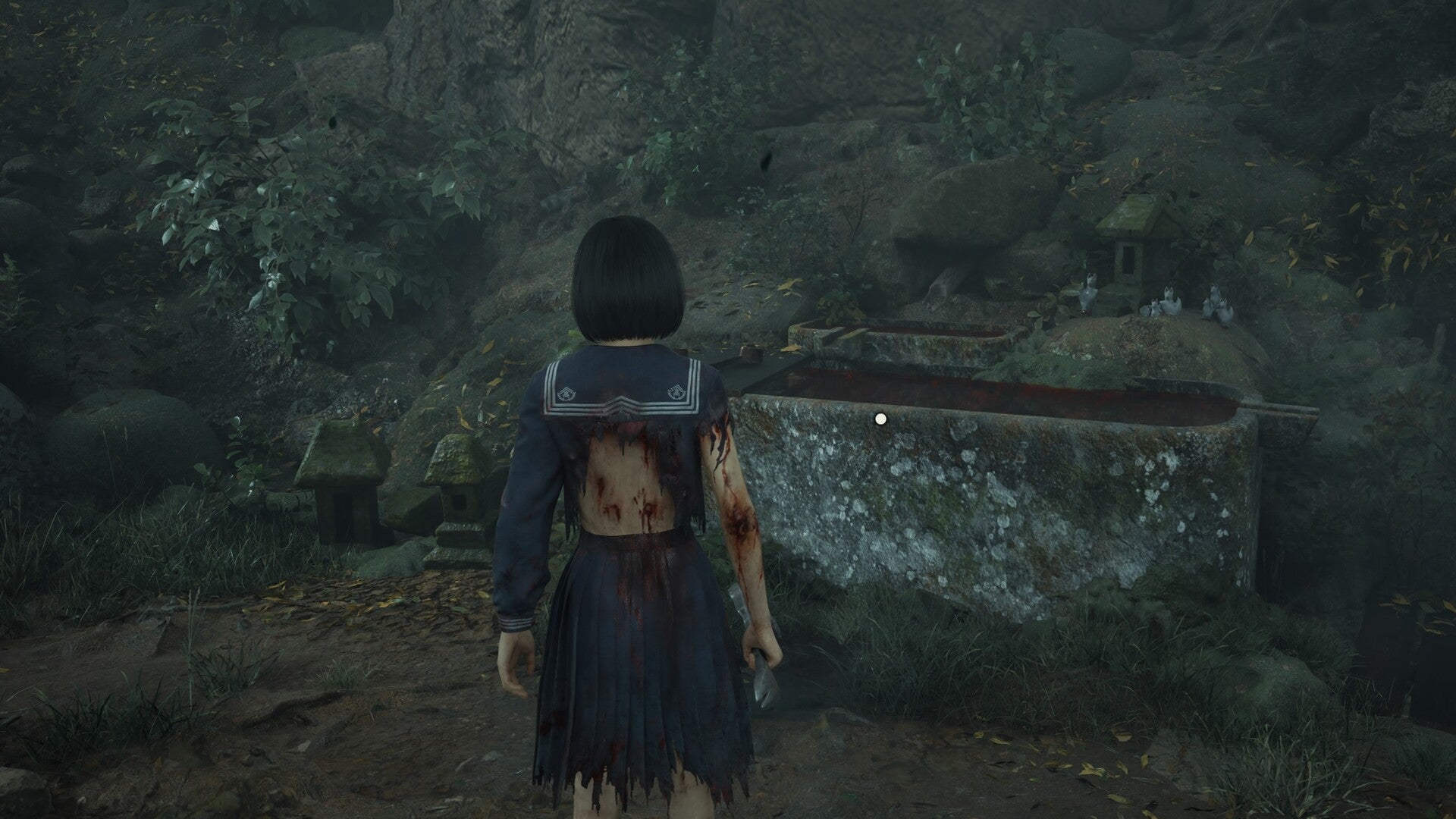 Hinako looks at the water basin at Sugisato Shrine, now red, in Silent Hill f