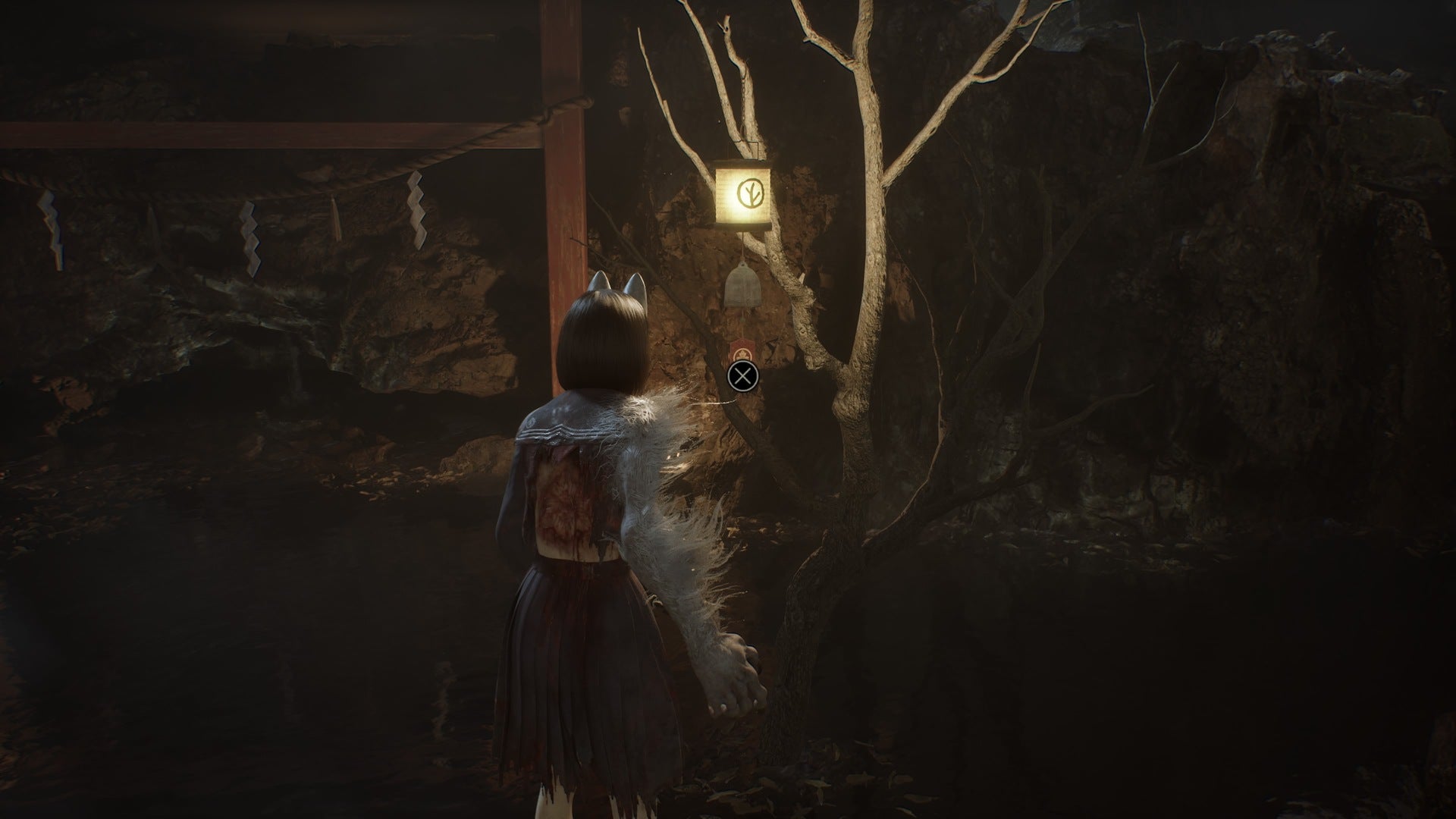 Hinako looks at a bell hanging from a tree with a tree symbol on it in Silent Hill f