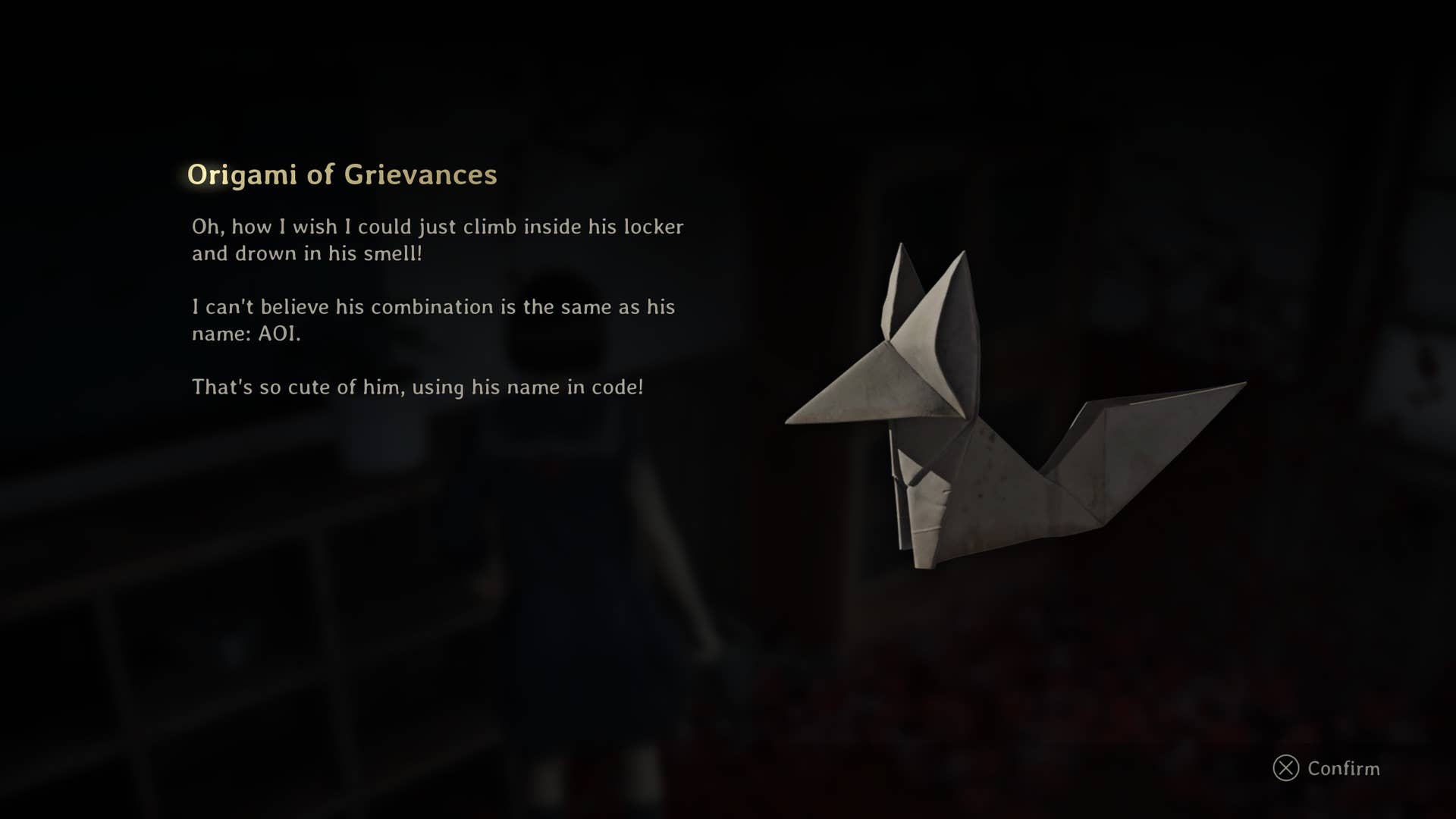 Um origami de queixas revelando o código do armário da AOI é mostrado em Silent Hill F