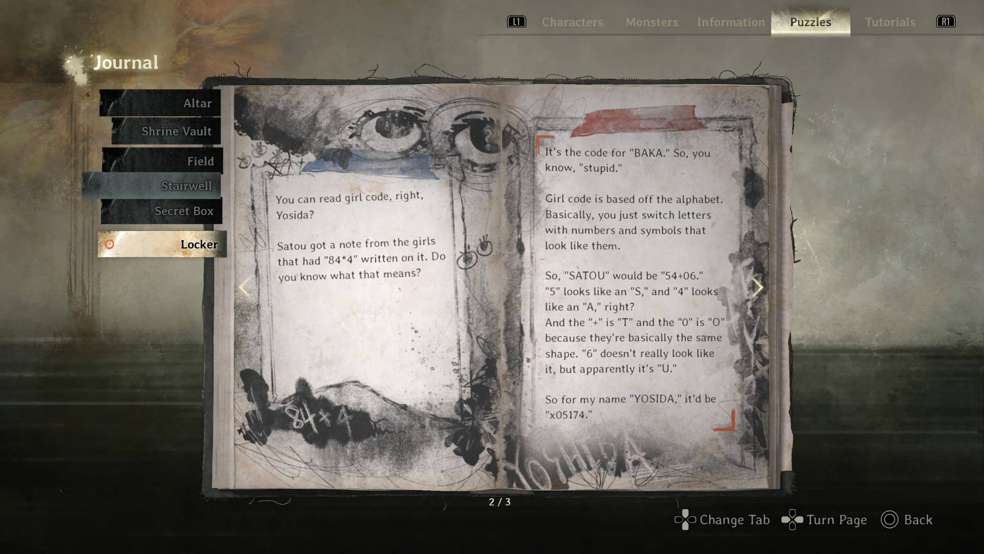 A pista revelando como decodificar o código feminino é mostrado no diário de Hinako em Silent Hill F
