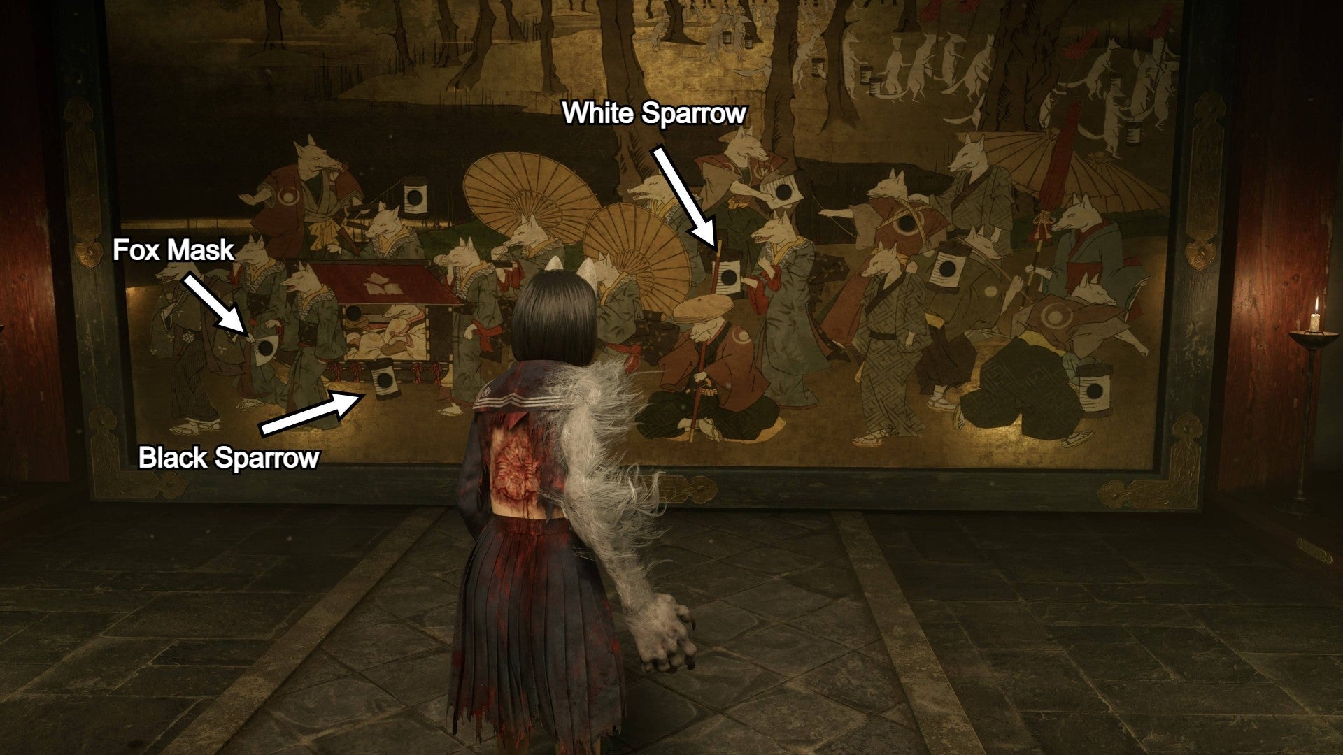 Where three Crests should be placed in the Treasure Hall mural - for ending two - is labelled on the mural itself in Silent Hill f