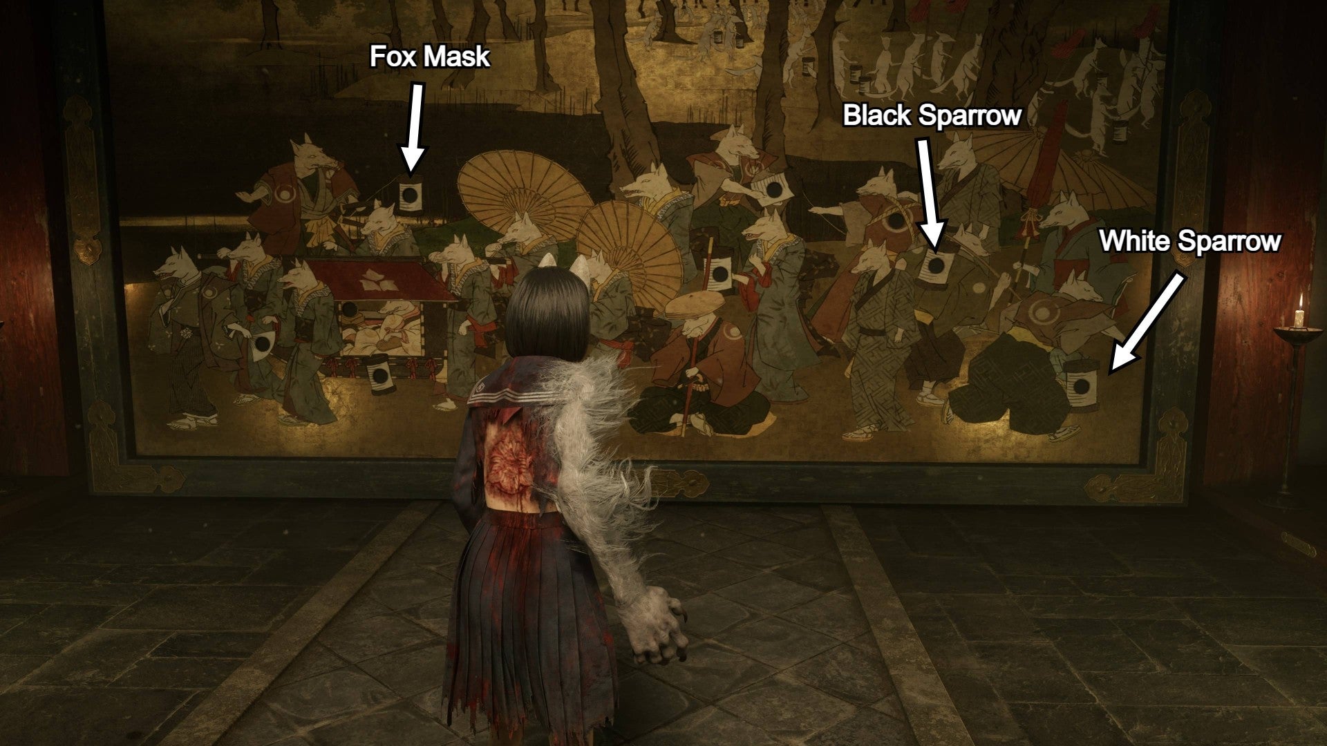 Where three Crests should be placed in the Treasure Hall mural - for ending three - is labelled on the mural itself in Silent Hill f