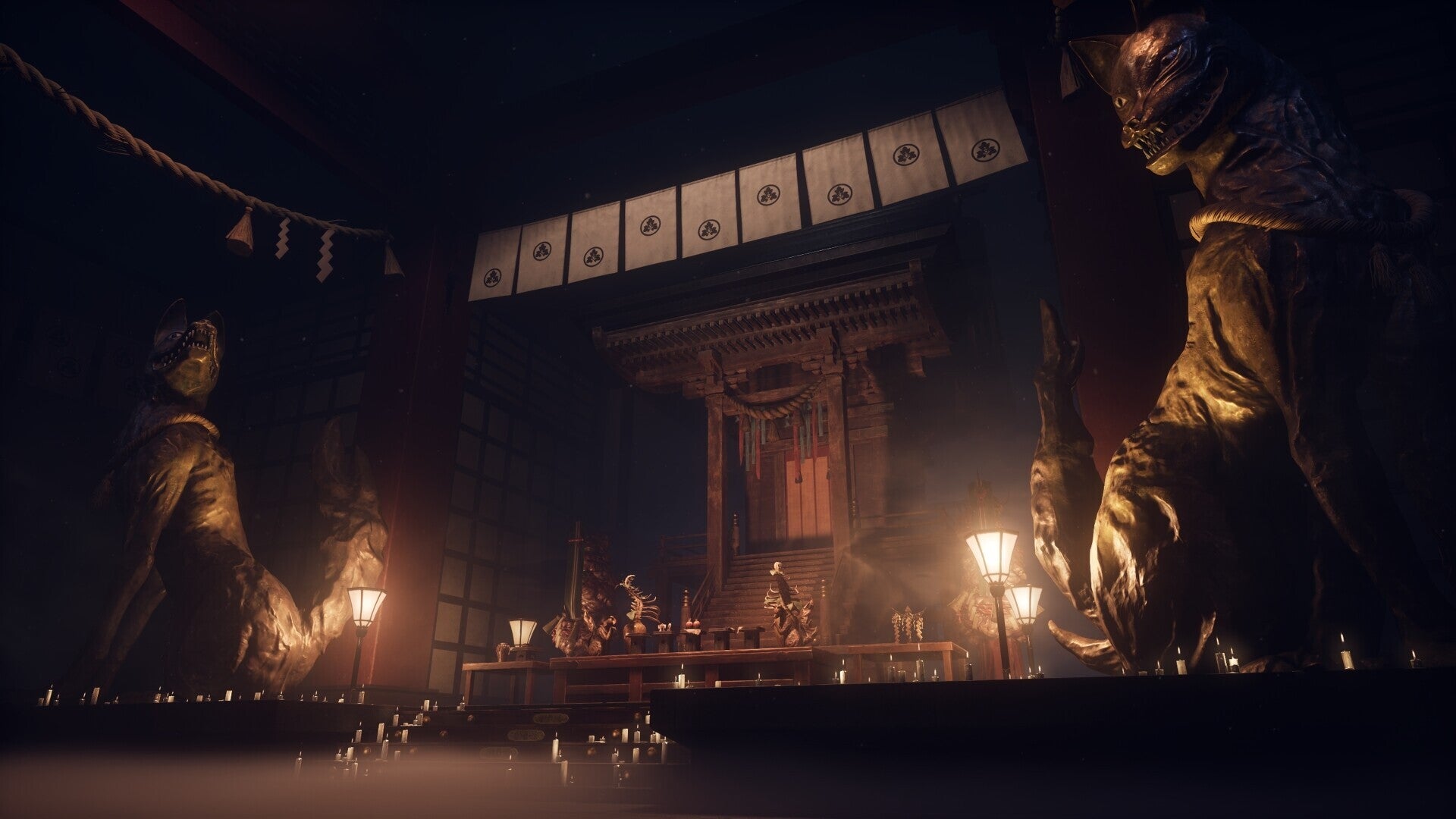 A grand shrine with two dog statues either side of it is shown in Silent Hill f