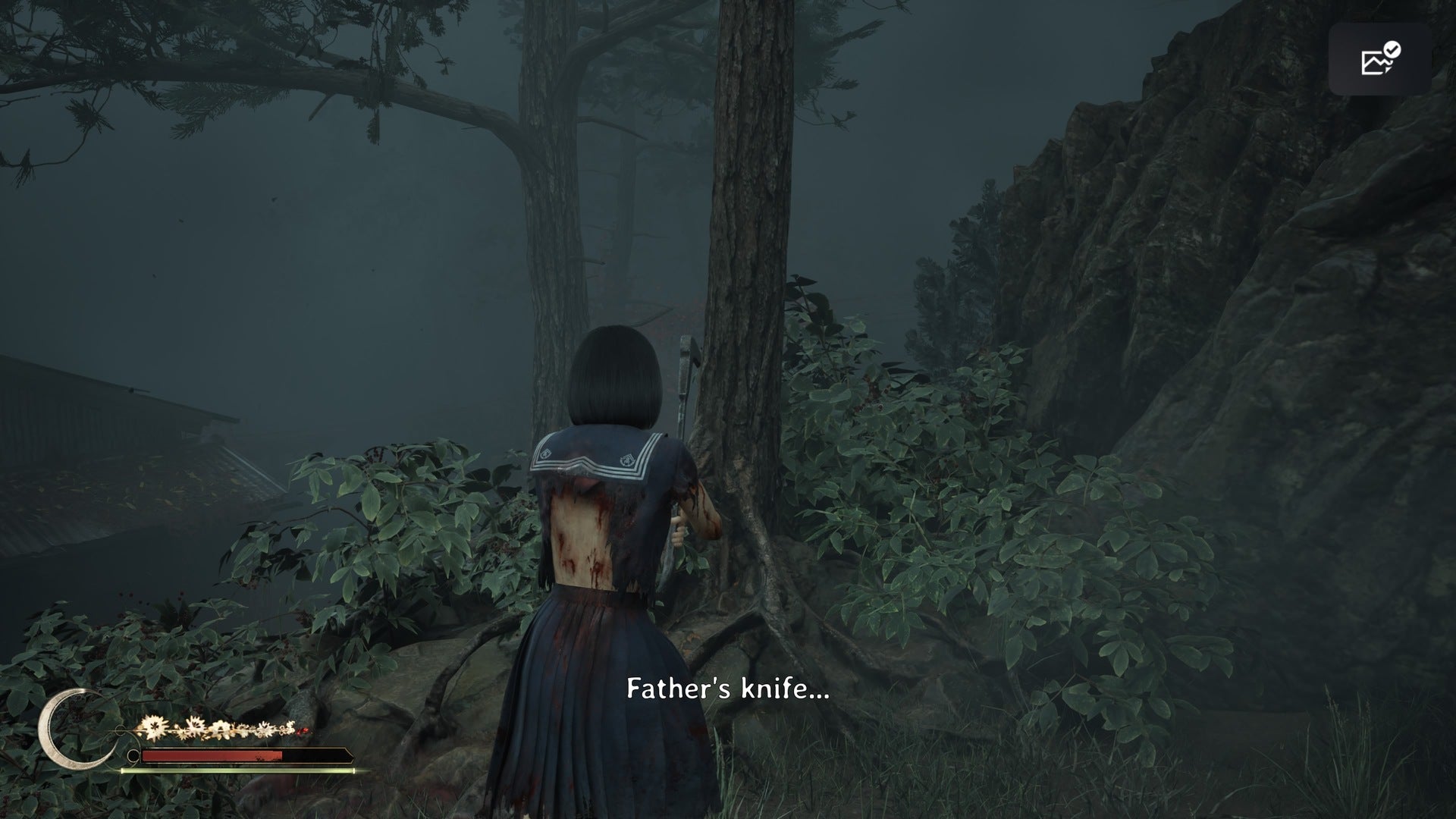 Hinako looks at a tree where Dad's Kitchen Knife can be found in Silent Hill f