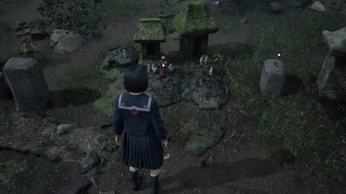 Hinako looks down at the Rusted Flask in Silent Hill f
