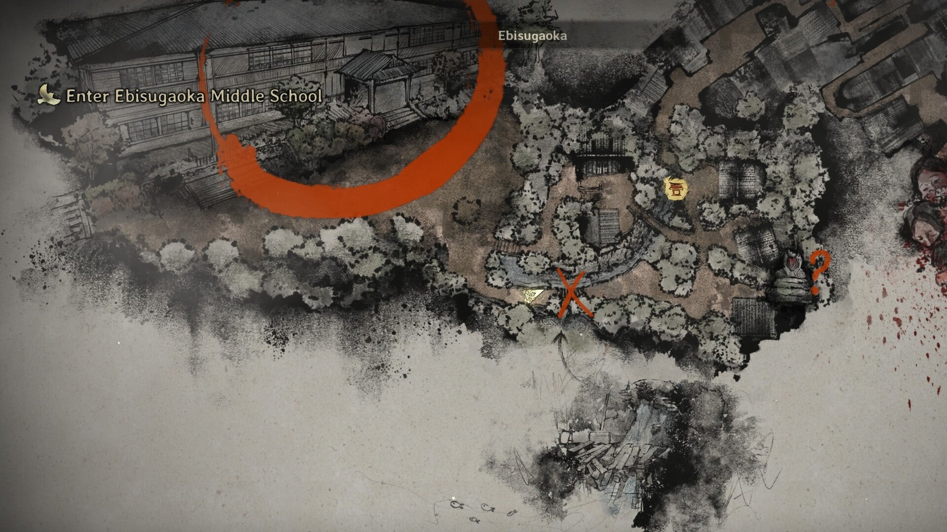 The location of the Broken Japanese Geta Sandals is marked on the map of Ebisugaoka in Silent Hill f