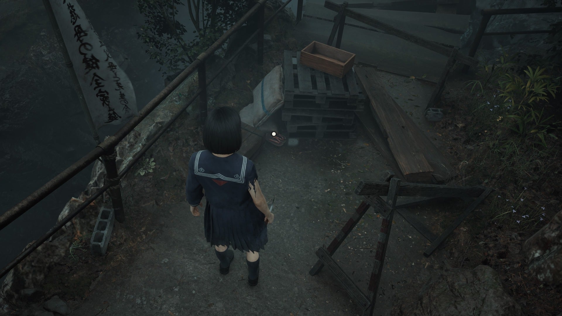 Hinako looks down at some Broken Japanese Geta Sandals in Silent Hill f