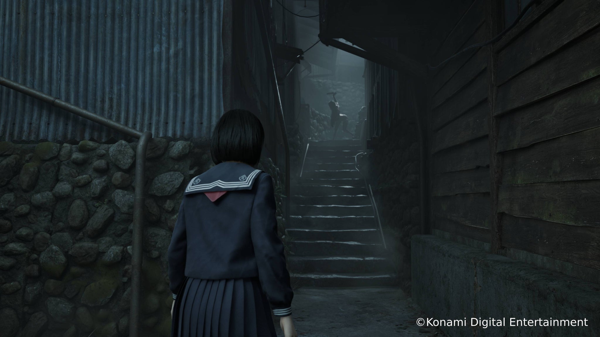 In Silent Hill f, a knife-wielding enemy appears before Hinako in a tight alleyway. - 4