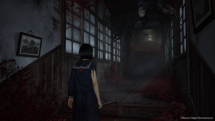 As Hinako explores a school in Silent Hill f, an enemy lurks in the ceiling.