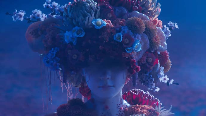 Screenshot from Silent Hill f announcement trailer showing a young girl with flowers blooming all over her head and body. She is crying