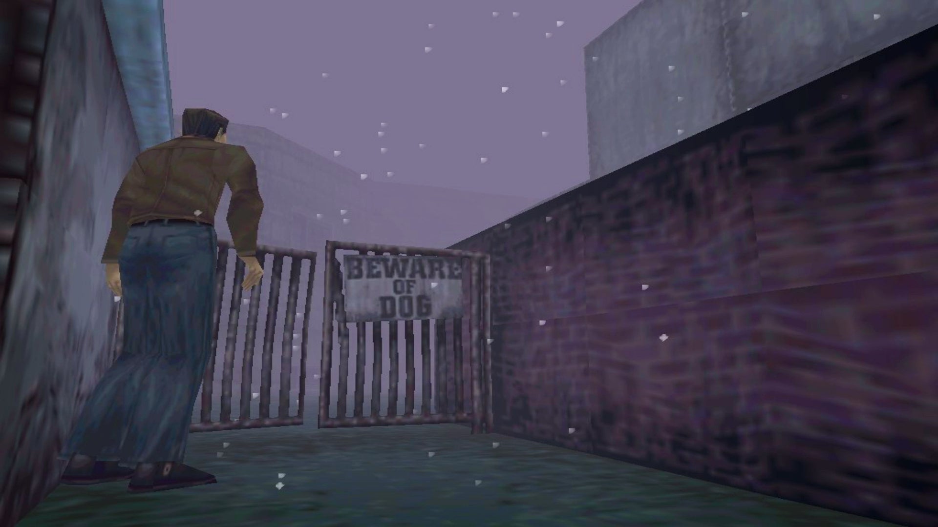 A scene from Silent Hill that shows Harry
approaching a gate marked 'BEWARE OF DOG'. - 5