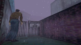 A scene from Silent Hill that shows Harry 
approaching a gate marked 'BEWARE OF DOG'.