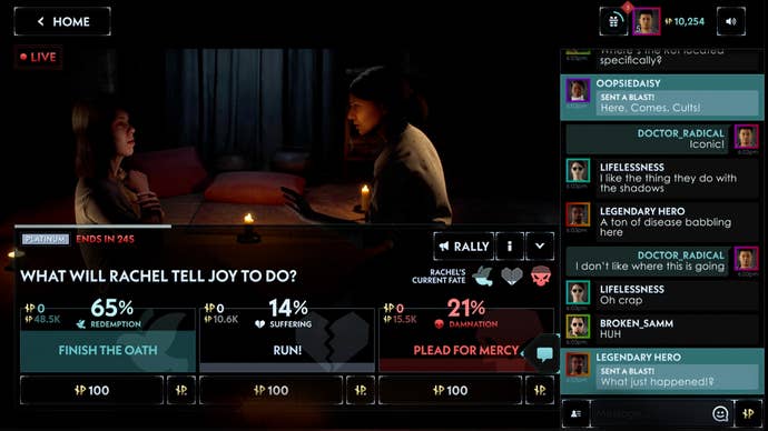 A screenshot of Silent Hill: Ascension’s interface, with the chatbox down one side and various percentage buttons along the bottom.
