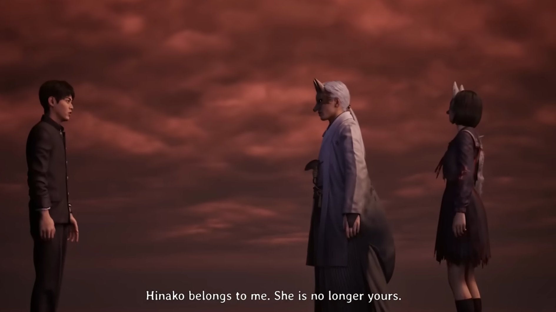 Hinako, Fax Mask and Shu from Silent Hill f talking in a cloudy environment.